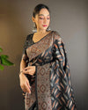 Indiehaat | Soft Silk Paan Triple Zari Woven Black Saree