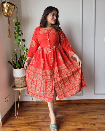 Indiehaat | Blockprinted Cotton Long Dress Orange