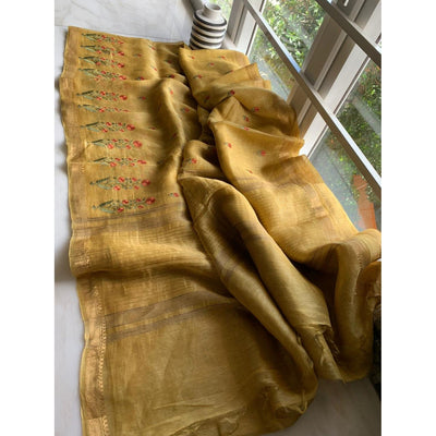 Poised Silk Linen Embroidered Mustard Saree