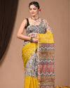 Indiehaat | Blockprinted Kota Doria Yellow Saree | Elegant