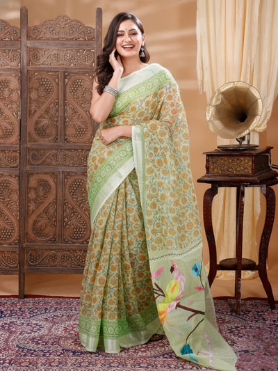 Kota Doria Paithani Embroidery Designer Saree Green