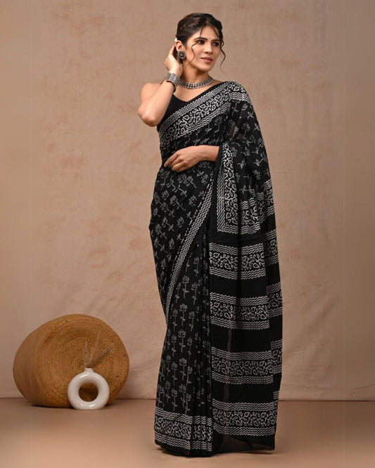 Indiehaat | Pure Mulmul Cotton Saree Black Color handblock printed with Running Blouse