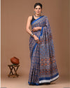 Indiehaat | Pure Mulmul Cotton Saree Indigo Color Bagru Handblock Print with Running Blouse