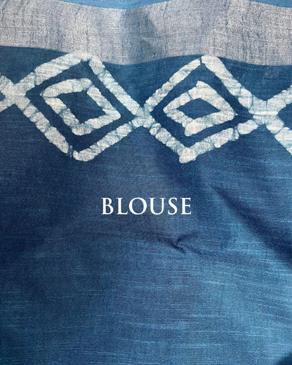 IndieHaat | Slub Linen Blue Saree Batik Print Running Blouse Ajrakh Dabu