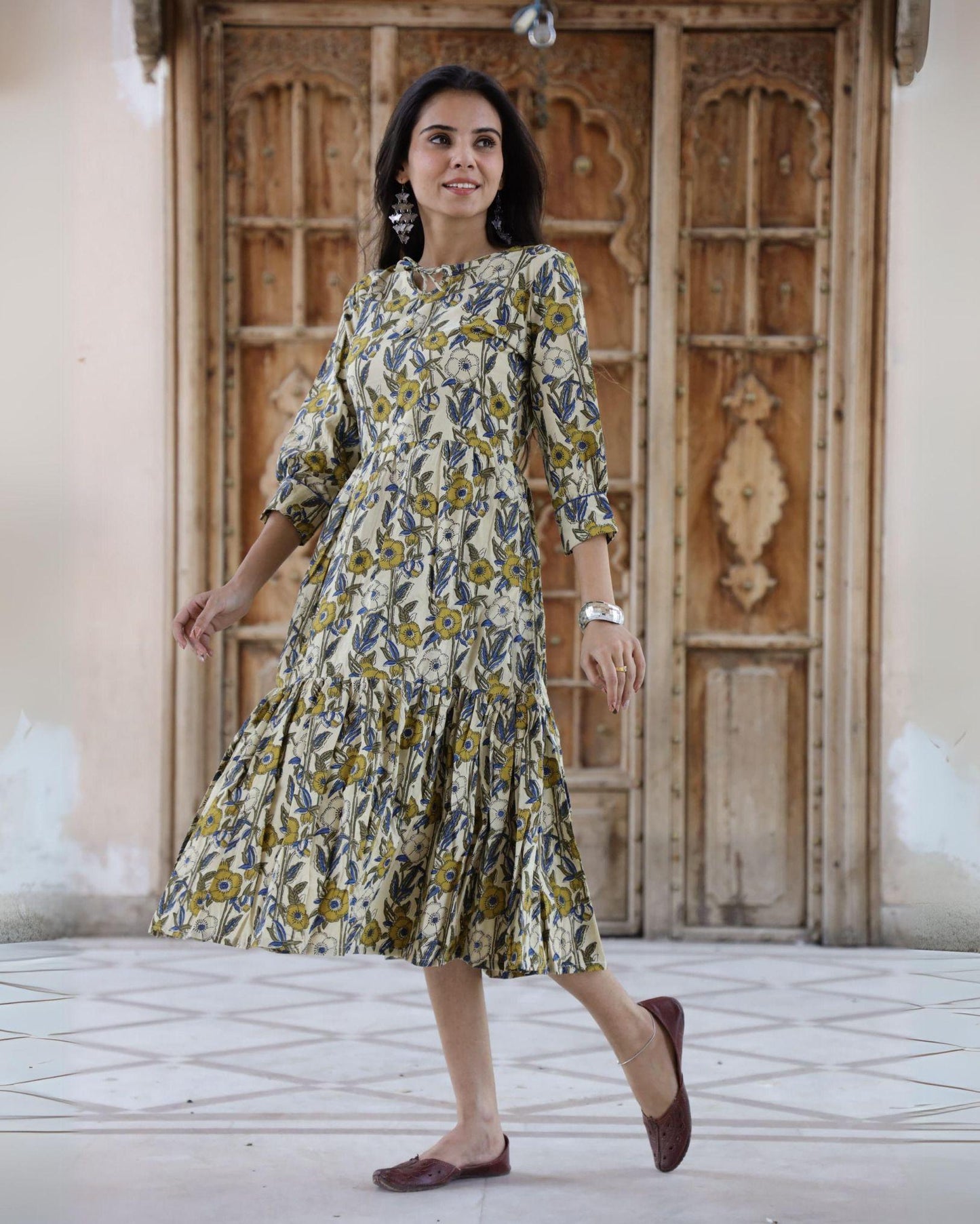 IndieHaat | Cotton One Piece Beige Frill Dress Handblock Print Ajrakh Dabu Size 38 to 48