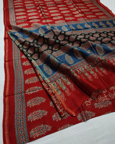 Indiehaat | Ajrakh Printed Chanderi Silk Saree Red | Serenity in Silk