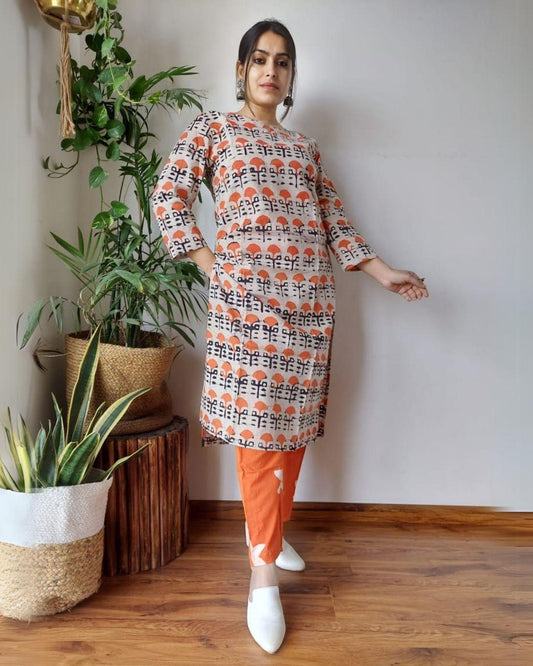 Indiehaat | Cotton Stitched Kurti White And Orange Color Handblock Printed With Pant