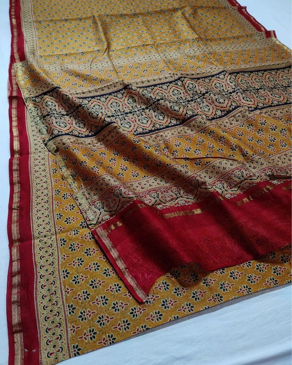 Indiehaat | Chanderi Silk Ajrakh Print Saree Yellow