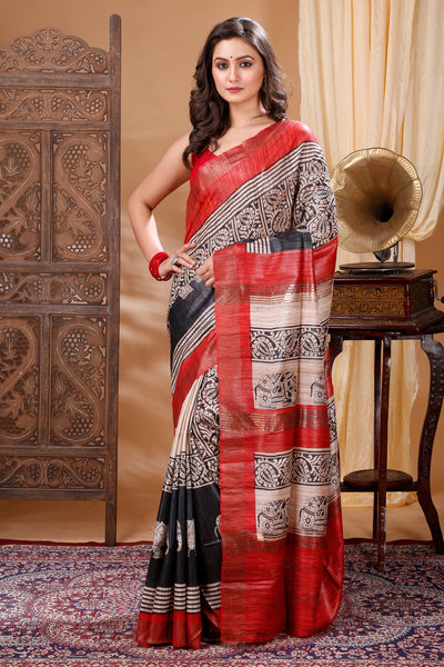 Silkmark Tussar Bright Blockprint Black & Cream Saree