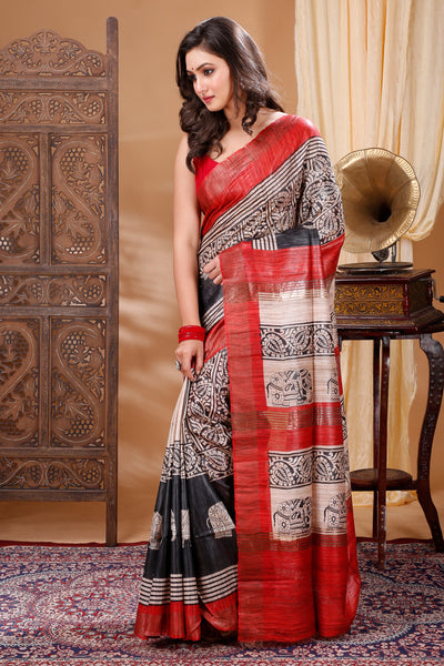 Silkmark Tussar Bright Blockprint Black & Cream Saree