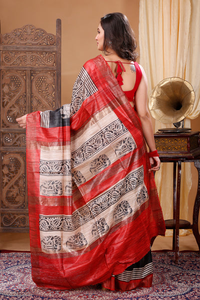 Silkmark Tussar Bright Blockprint Black & Cream Saree