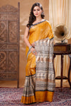 Silkmark Tussar Poetic Blockprint Yellow & Gray Saree