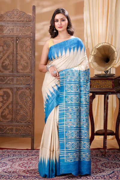 Silkmark Tussar Precious Blockprint Beige & Blue Saree