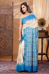 Silkmark Tussar Precious Blockprint Beige & Blue Saree