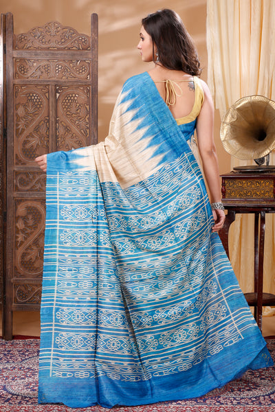 Silkmark Tussar Precious Blockprint Beige & Blue Saree