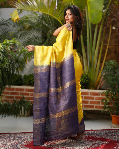 2730-Silkmark Certified Gichcha Tussar Handloom Hand Dyed  Yellow Saree with Blouse