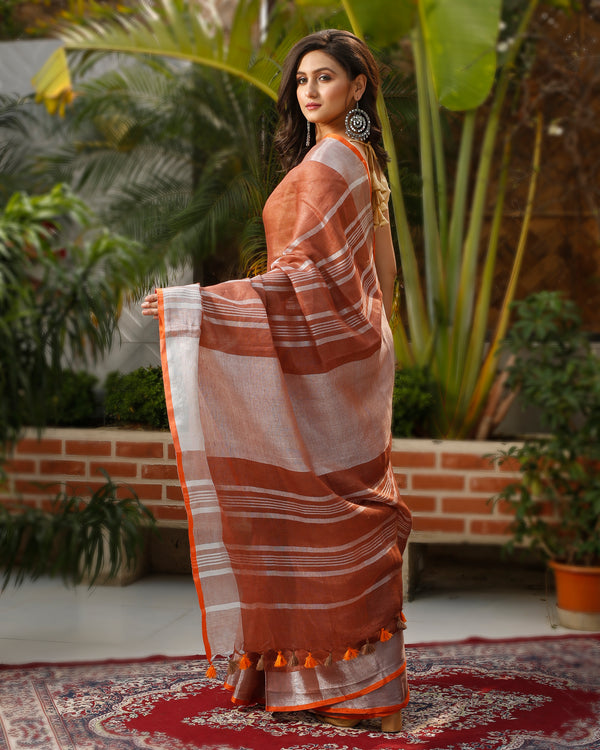 Ethereal Handwoven Pure Linen Brown Saree
