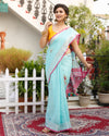 Oceanic Pure Linen Floral Embroidered Blue Saree