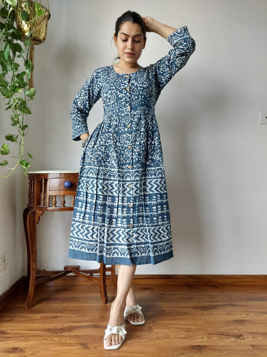 Indiehaat | Cotton Long One Piece Dress Gray Color Bagru Hand Printed Size 36 to 46