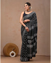 Indiehaat | Mulmul Cotton Saree Black Color Handblock Printed with Running Blouse