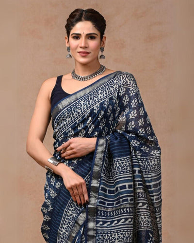 Indiehaat | Maheshwari Silk Saree IndigoColor Bagru Handblock Printed with Running Blouse (Silk by Silk)