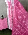 Indiehaat | Cotton Applique Suit Set Shibori Dyed White Top with Pink Bottom and Dupatta