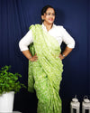 Georgette HandCrafted Saree Moss Green Color Tepchi work with Running Blouse-Indiehaat