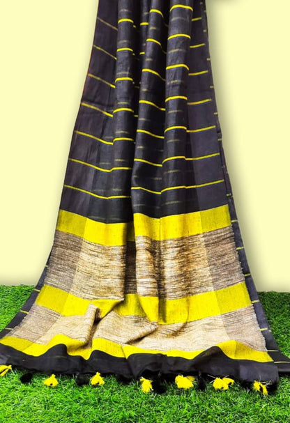 Pure Linen Saree Striped Design Arsenic Black Color with running blouse-Indiehaat