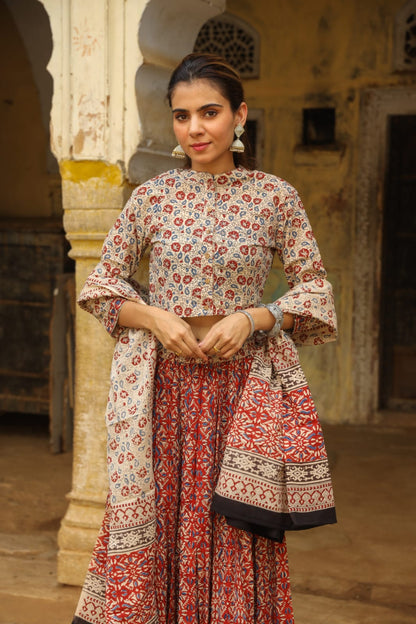 Handblock Printed Cotton Lehanga And Top With Mulmul Dupatta (Size: 34-46) Beige & Red Color-Indiehaat
