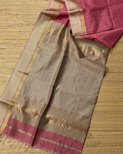 Indiehaat | Pure Maheshwari Silk Kosa Pallu Pink Saree