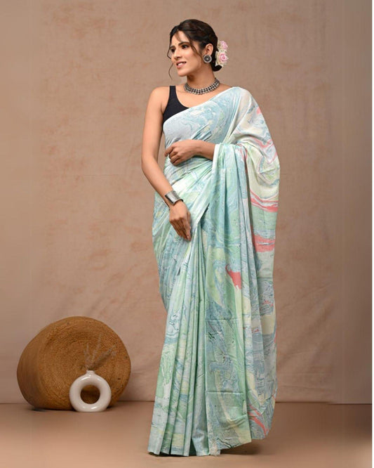Indiehaat | Pure Mulmul Cotton Saree Pastel Green Color handblock printed with Running Blouse