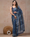 Indiehaat | Maheshwari Silk Saree Indigo Color Bagru Handblock Printed with Running Blouse (Silk by Silk)