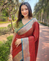 Indiehaat | Soft Kashmiri Silk Zari Woven Contrast Red Saree