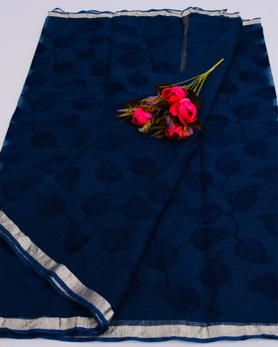 Indiehaat | Pure Cotton Kota Doria Blue Embroidery Saree
