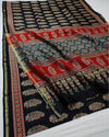 Indiehaat | Chanderi Silk Ajrakh Print Saree Black