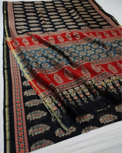 Indiehaat | Chanderi Silk Ajrakh Print Saree Black