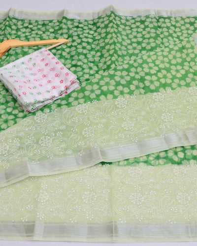 Indiehaat | Kota Doria Green Saree Embroidery With Blouse Piece