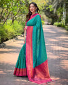 Indiehaat|Paithani Silk Zari Woven Contrast Green & Pink Saree