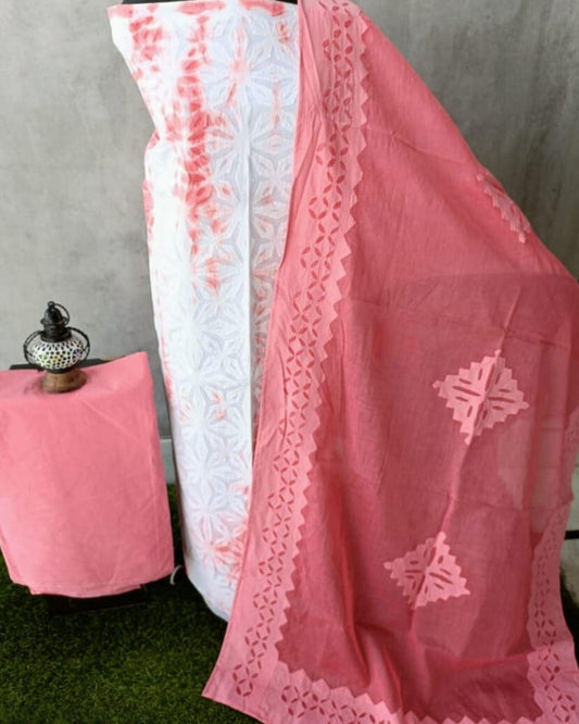 Indiehaat | Cotton Applique Suit Set Shibori Dyed White Top with Red Bottom and Dupatta