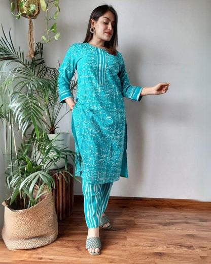 Indiehaat | Cotton Stitched Kurti Sky Blue Color Handblock Printed With Pant