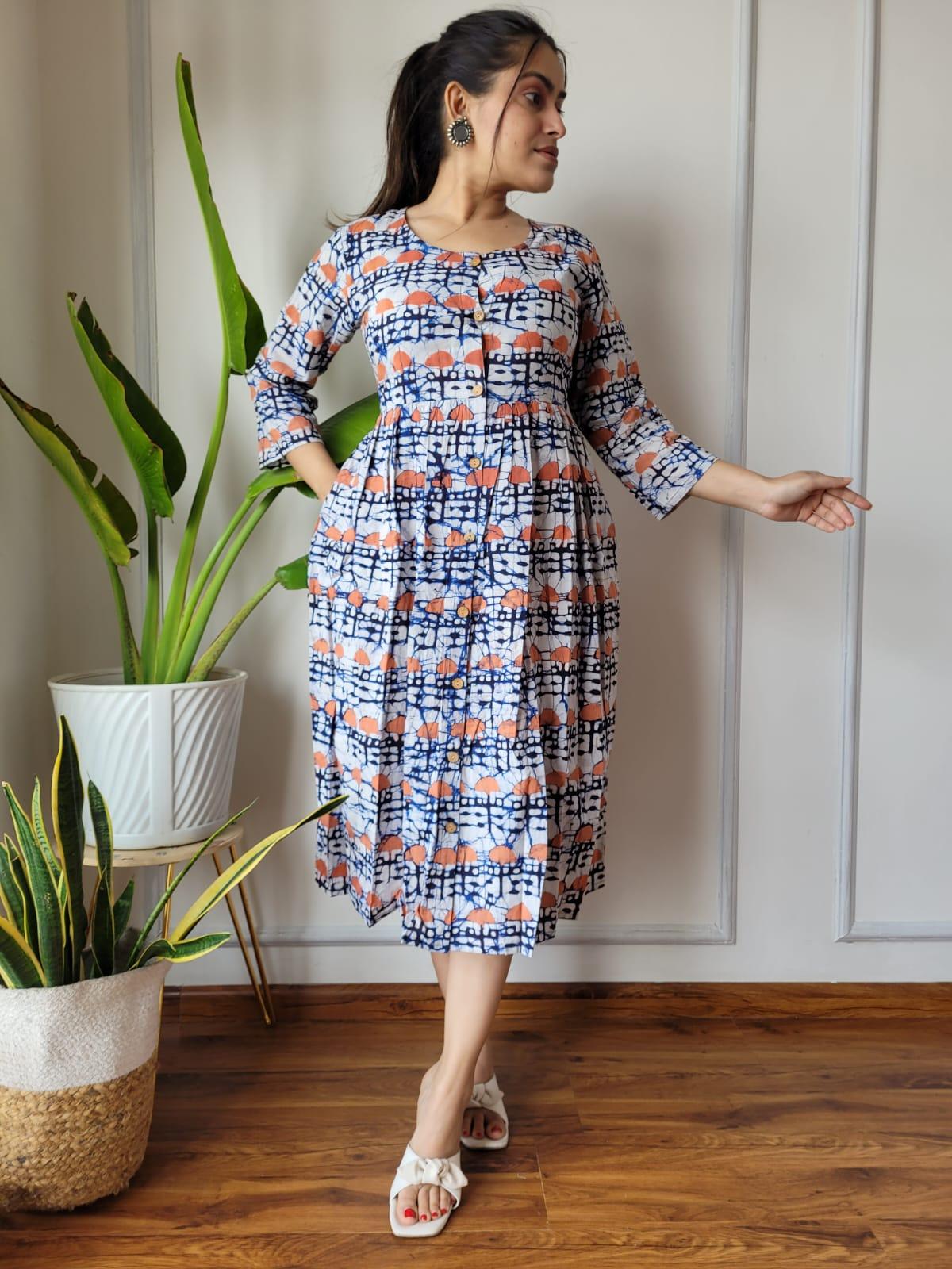 Indiehaat | Cotton Long One Piece Dress Sky Blue Color Bagru Hand Printed Size 36 to 46