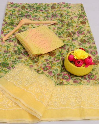 Indiehaat | Kota Doria Printed Yellow Saree Embroidery with Blouse Piece