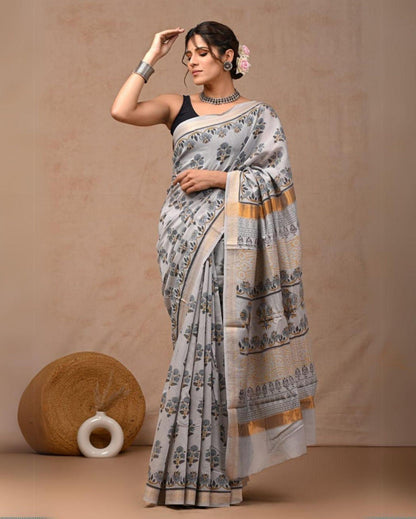 Indiehaat | Maheshwari Silk Saree Off White Color Bagru Handblock Printed with Running Blouse (Silk by Silk)