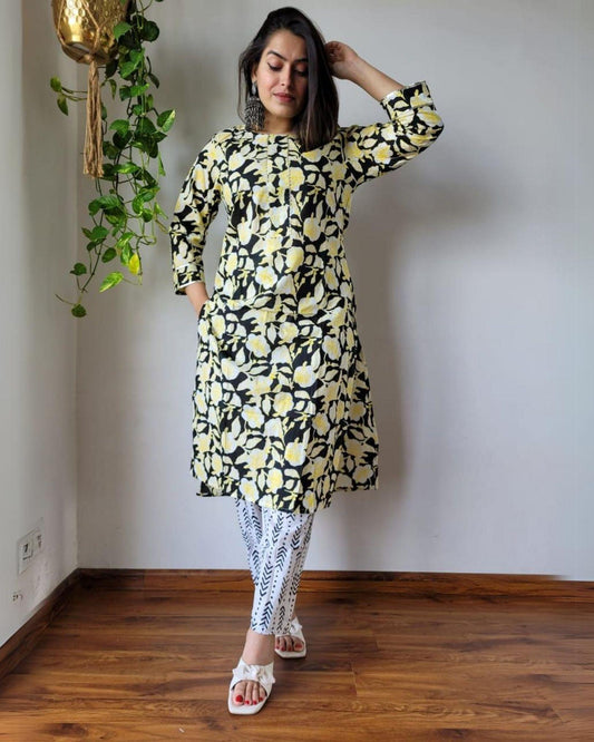 Indiehaat | Cotton Stitched Kurti Black And Yellow Color Handblock Printed With Pant