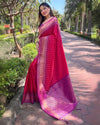 Indiehaat | Soft Silk Floral Border Contrast Zari Woven Pink Saree