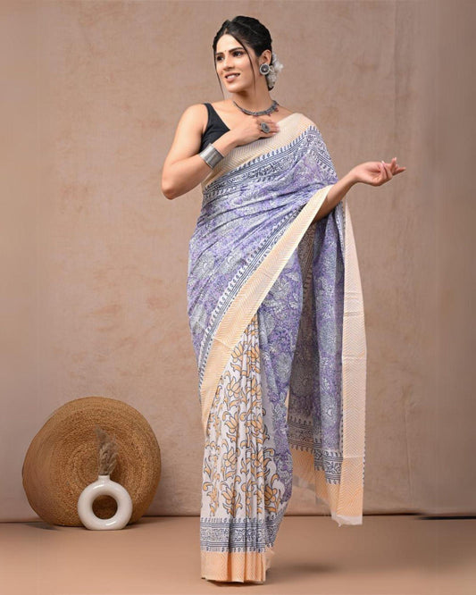 Indiehaat | Mulmul Cotton Saree Baby Blue Color Handblock Printed with Running Blouse