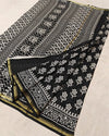 Indiehaat | Blockprint Chanderi Silk Saree in Black & White | Elegant Monochrome Saree