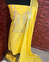 Indiehaat | Gulmohar Slub Linen Yellow Unstiched Embroidered Suit