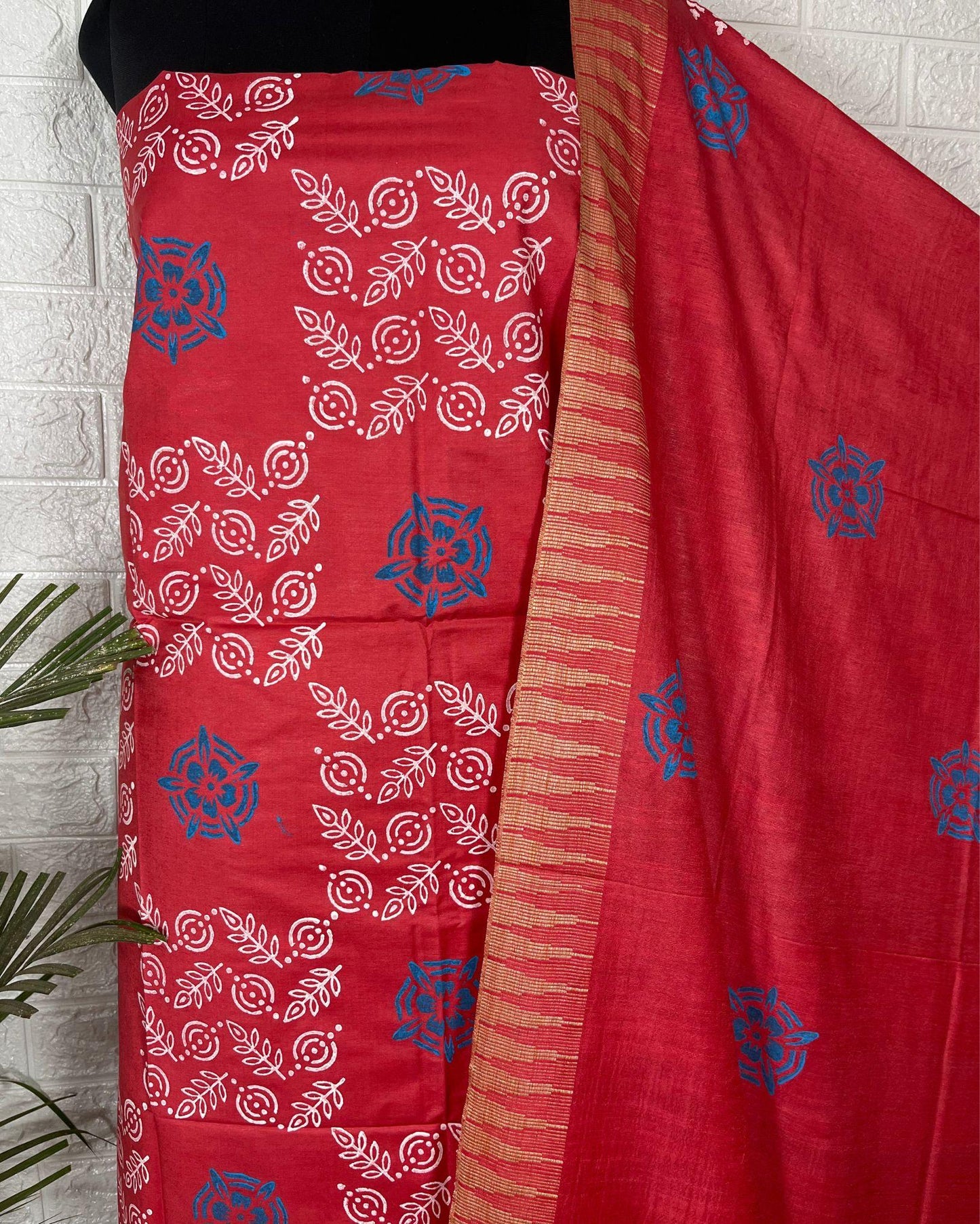 IndieHaat | Katan Silk Red Suit Printed Top+Bottom+Dupatta Ajrakh Dabu