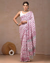 Indiehaat | Pure Mulmul Cotton Saree White with Multi Color handblock printed with Running Blouse